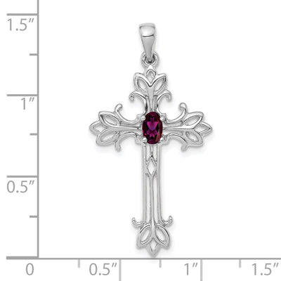 14K White Gold Oval Rhodolite Garnet cross pendant