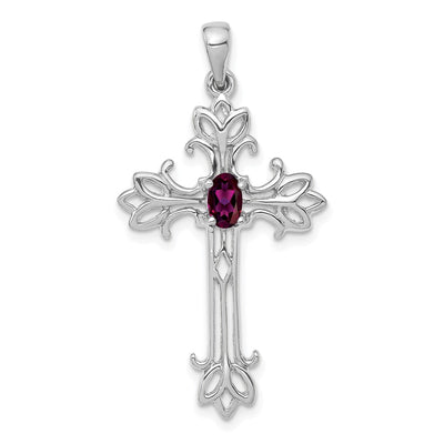 14K White Gold Oval Rhodolite Garnet cross pendant