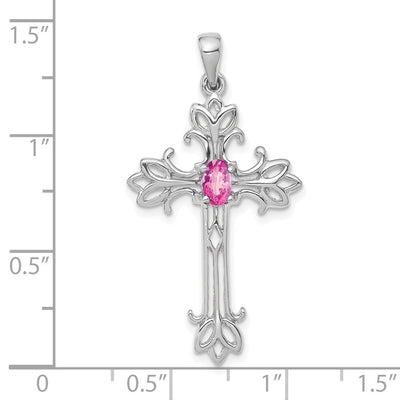 14K White Gold Oval Pink Sapphire cross pendant