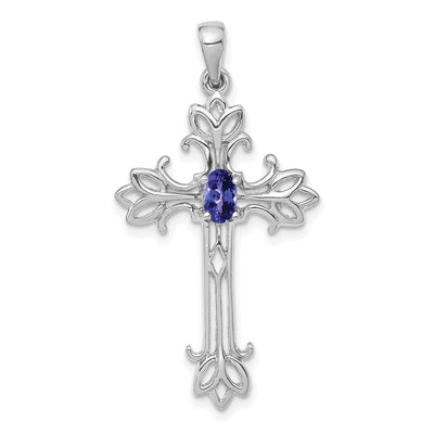 14K White Gold Oval Tanzanite cross pendant