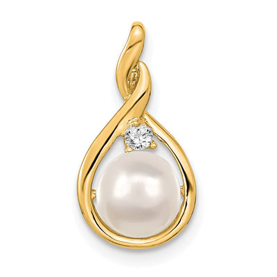 14K White Round Freshwater Cultured Pearl AA Diamond Pendant, 19 x 9mm