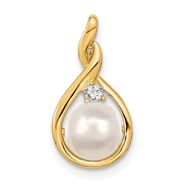 14k White Round Freshwater Cultured Pearl AA Diamond Pendant, 19 x 9mm