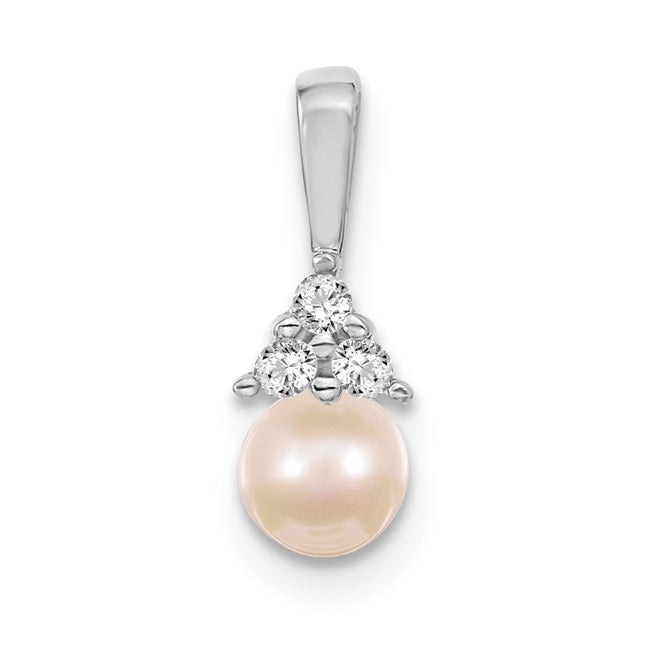 14k White Gold White Round Freshwater Cultured Pearl AA Diamond Pendant, 16 x 7mm
