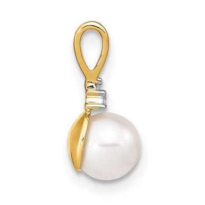 14K White Round FW Cultured Pearl and Diamond Pendant