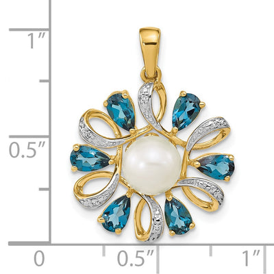 14K Diamond and Button FWC Pearl/London Blue Topaz Pendant