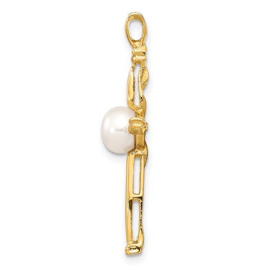 14K White Button Freshwater Cultured Pearl and .02 Carat Diamond Cross Pendant