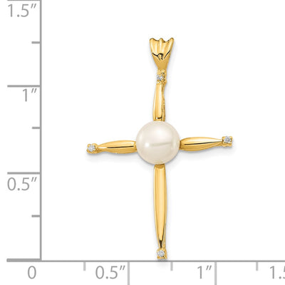 14K White Button Freshwater Cultured Pearl and .02 Carat Diamond Cross Pendant