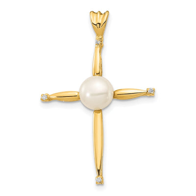14K White Button Freshwater Cultured Pearl and .02 Carat Diamond Cross Pendant