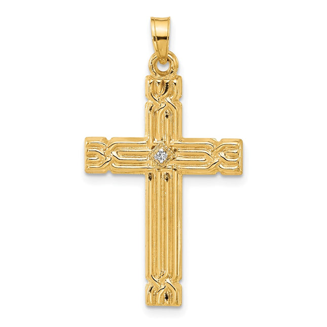 14k Polished and Grooved Hollow Diamond Cross Pendant, 28.9 x 19.3mm