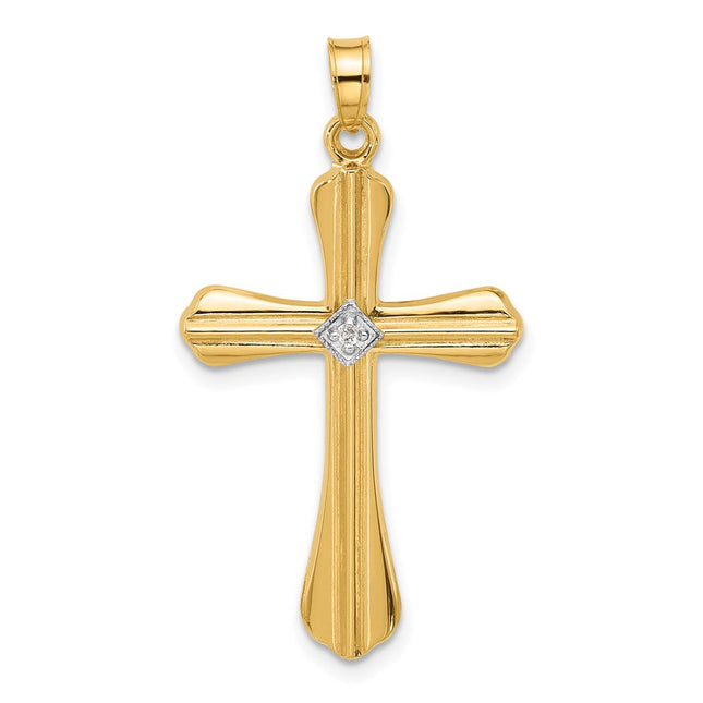 14k Polished and Grooved Hollow Diamond Cross Pendant, 4.8 x 2.6mm