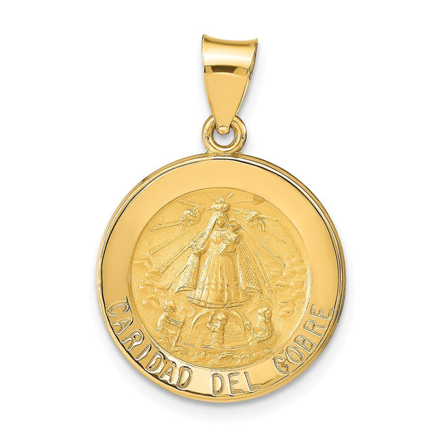 14k Polished and Satin Caridad del Cobre Medal Hollow Pendant, 27 x 18.3mm