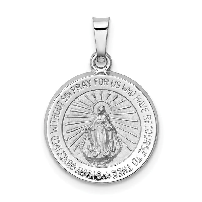 14k White Gold Polished /Satin Miraculous Medal Hollow Pendant, 22.2 x 15mm