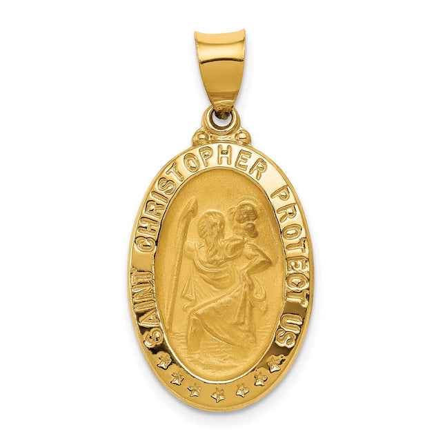 14k Polished and Satin St. Christopher Medal Hollow Pendant, 31.5 x 15.5mm