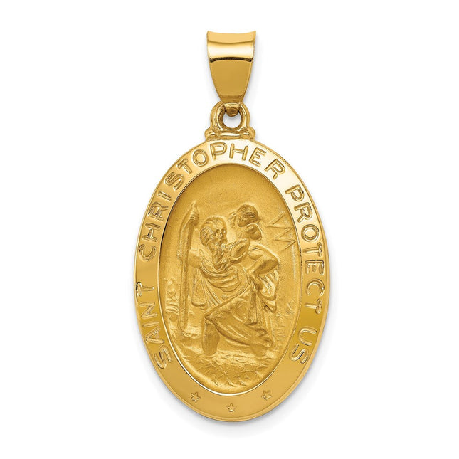14k Polished and Satin St. Christopher Medal Hollow Pendant, 33.5 x 17mm