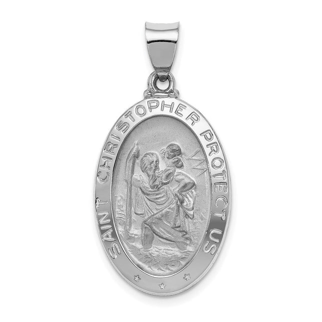 14k White Gold Polished/Satin St Christopher Medal Hollow Pendant, 33.5 x 17mm
