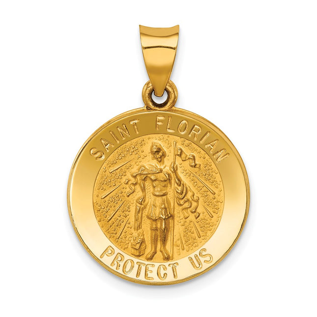 14k Polished and Satin St Florian Medal Hollow Pendant, 26.5 x 18.5mm