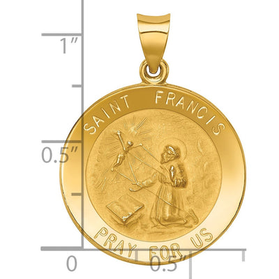 14K Polished and Satin St Francis Medal Hollow Pendant, 30.5 x 22.5mm