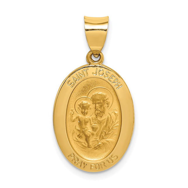 14k Polished and Satin St Joseph Medal Hollow Pendant, 26 x 13.85mm
