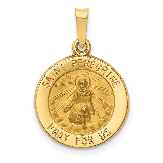 14k Polished and Satin St Peregrine Medal Hollow Pendant, 18 x 15mm