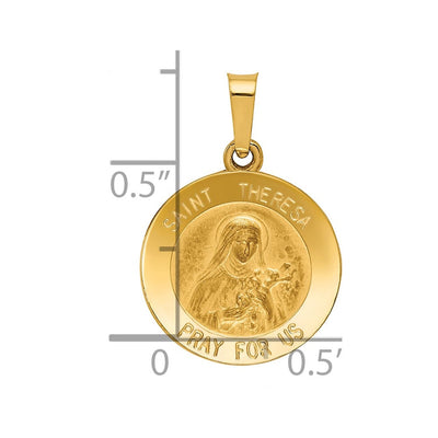 14K Polished and Satin St Theresa Medal Hollow Pendant, 18 x 15mm