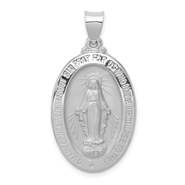14k White Gold Polished/Satin Miraculous Medal Hollow Pendant, 34.5 x 18mm
