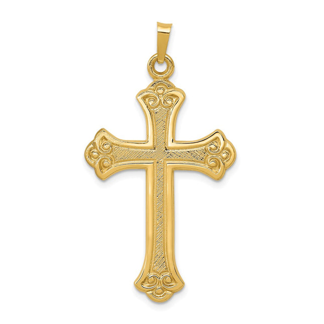 14k Textured and Polished Fleur de lis Cross Pendant, 41 x 22.5mm