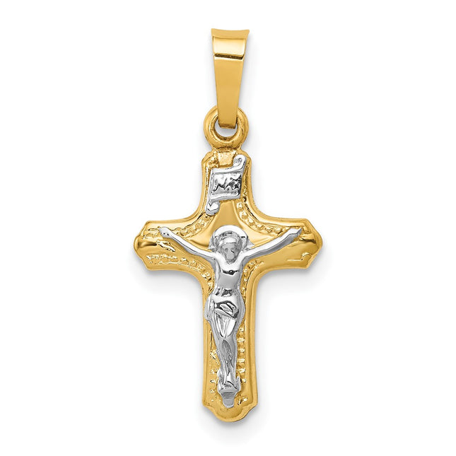 14k Two-tone Polished and Textured Inri Crucifix Pendant, 22.75 x 11mm