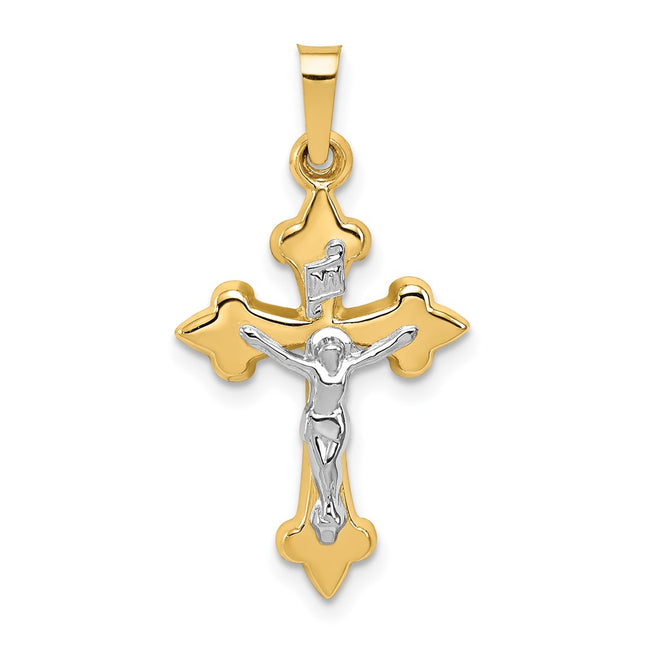 14k Two-tone Polished Fleur de Lis Inri Crucifix Pendant, 27.25 x 14.7mm