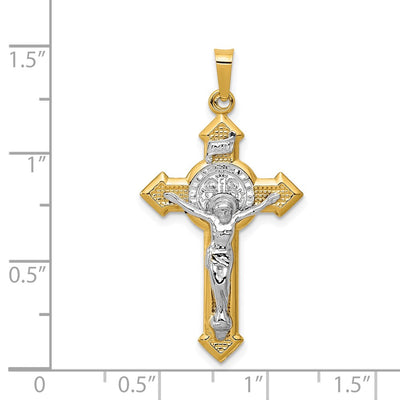14K w/Rhodium St. Benedict Hollow Medal INRI Crucifix Pendant