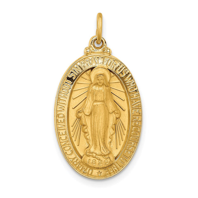 14k Solid Polished/Satin Medium Oval Miraculous Medal, 27.7 x 14.7mm
