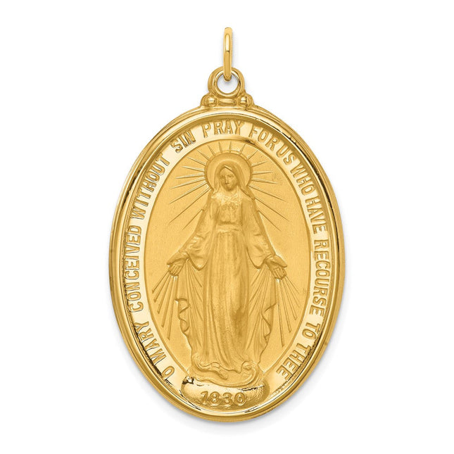 14k Solid Polished/Satin Large Oval Miraculous Medal, 32 x 18mm