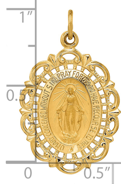 14K Solid Polished/Satin Fancy Pierced Oval Miraculous Medal, 27.85 x 17.2mm