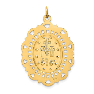 14K Solid Polished/Satin Fancy Pierced Oval Miraculous Medal, 33.5 x 23.5mm