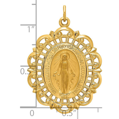 14K Solid Polished/Satin Fancy Pierced Oval Miraculous Medal, 33.5 x 23.5mm
