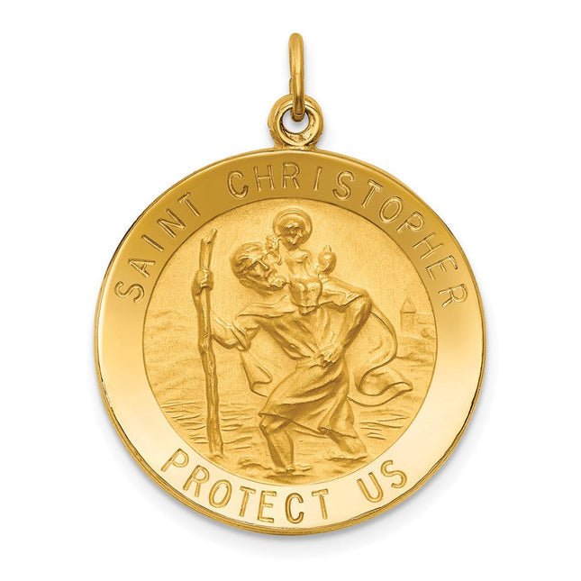 14k Solid Polished/Satin Medium Round St. Christopher Medal, 30 x 23.5mm
