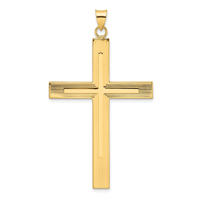 14k Polished and Line Design Solid Cross Pendant, 60.12 x 35mm