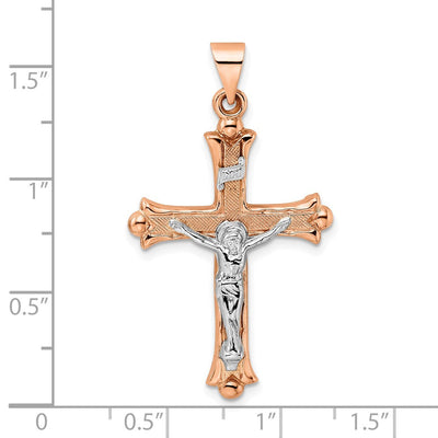 14K Rose and White Gold Polished Fleur de Lis Inri Hollow Crucifix, 34.19 x 23.46mm