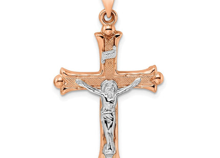 14k Rose and White Gold Polished Fleur de Lis INRI Hollow Crucifix (Style XR1875)