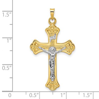 14K Two-tone Polished Solid INRI Fleur de Lis Crucifix Pendant