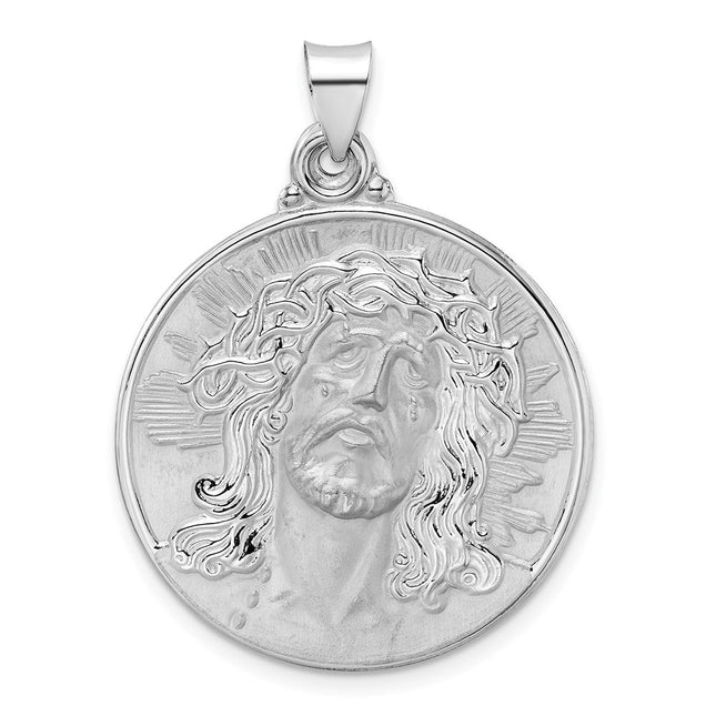 14k White Gold Polished and Satin Hollow Jesus Face Disc Pendant, 30 x 28.44mm
