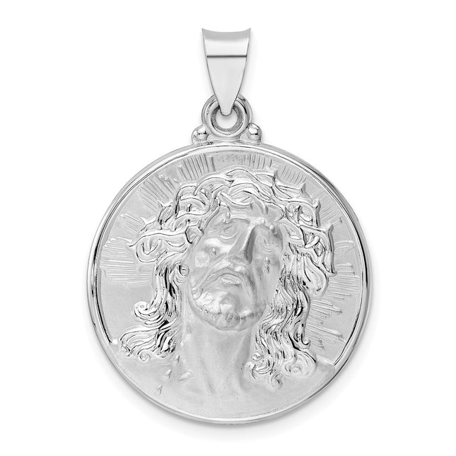 14k White Gold Polished and Satin Hollow Jesus Face Disc Pendant, 28 x 23.49mm