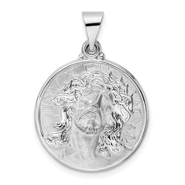 14k White Gold Polished and Satin Hollow Jesus Face Disc Pendant, 24 x 20.68mm