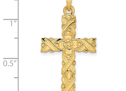 14k Polished and Textured Solid Floral Cross Pendant (Style XR1902)