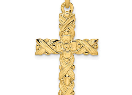 14k Polished and Textured Solid Floral Cross Pendant (Style XR1902)