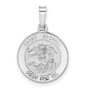 14k White Gold Polished and Satin Hollow St Michael Medal Pendant (Style XR1943)