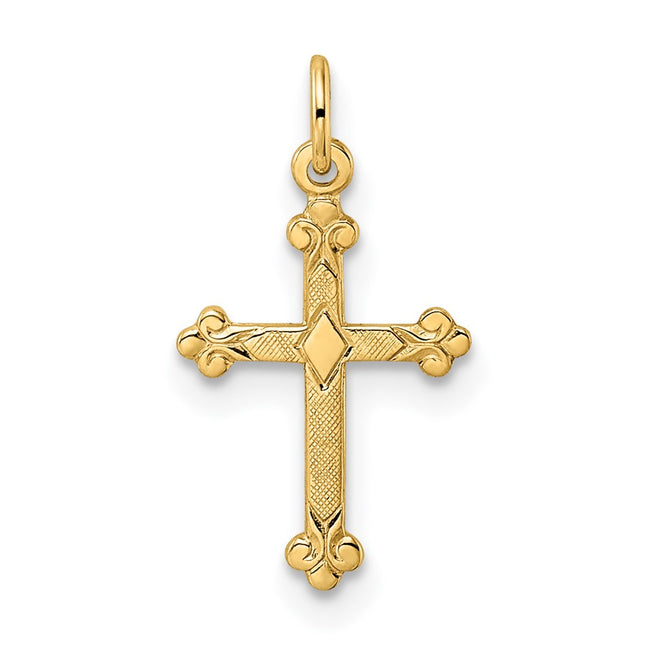 14k Polished and Textured Solid Diamond Shape Cross Pendant, 17 x 9.88mm