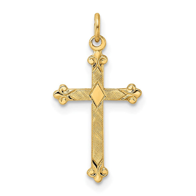14k Polished and Textured Solid Diamond Shape Cross Pendant, 22 x 11.85mm