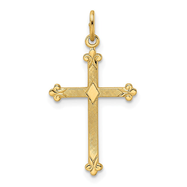 14k Polished and Textured Solid Diamond Shape Cross Pendant, 26 x 14.6mm