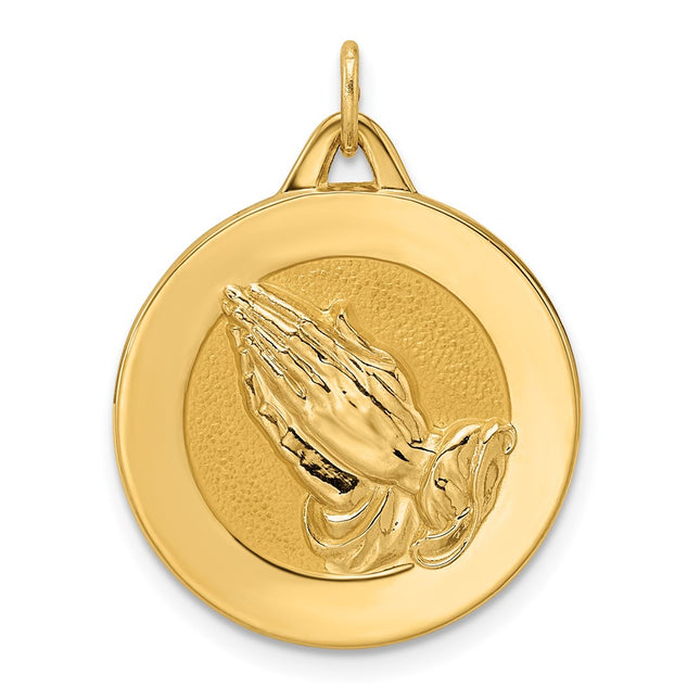 14k Polished and Satin Solid Praying Hands Disc Pendant, 26 x 20.7mm