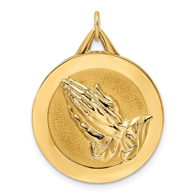 14k Polished and Satin Solid Praying Hands Disc Pendant, 30 x 23.24mm